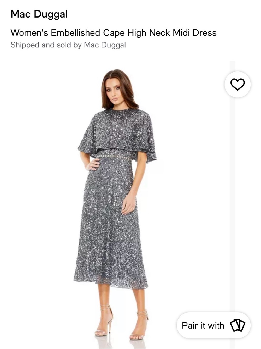Mac Duggal Silver Sequin Cape-Overlay Midi Dress